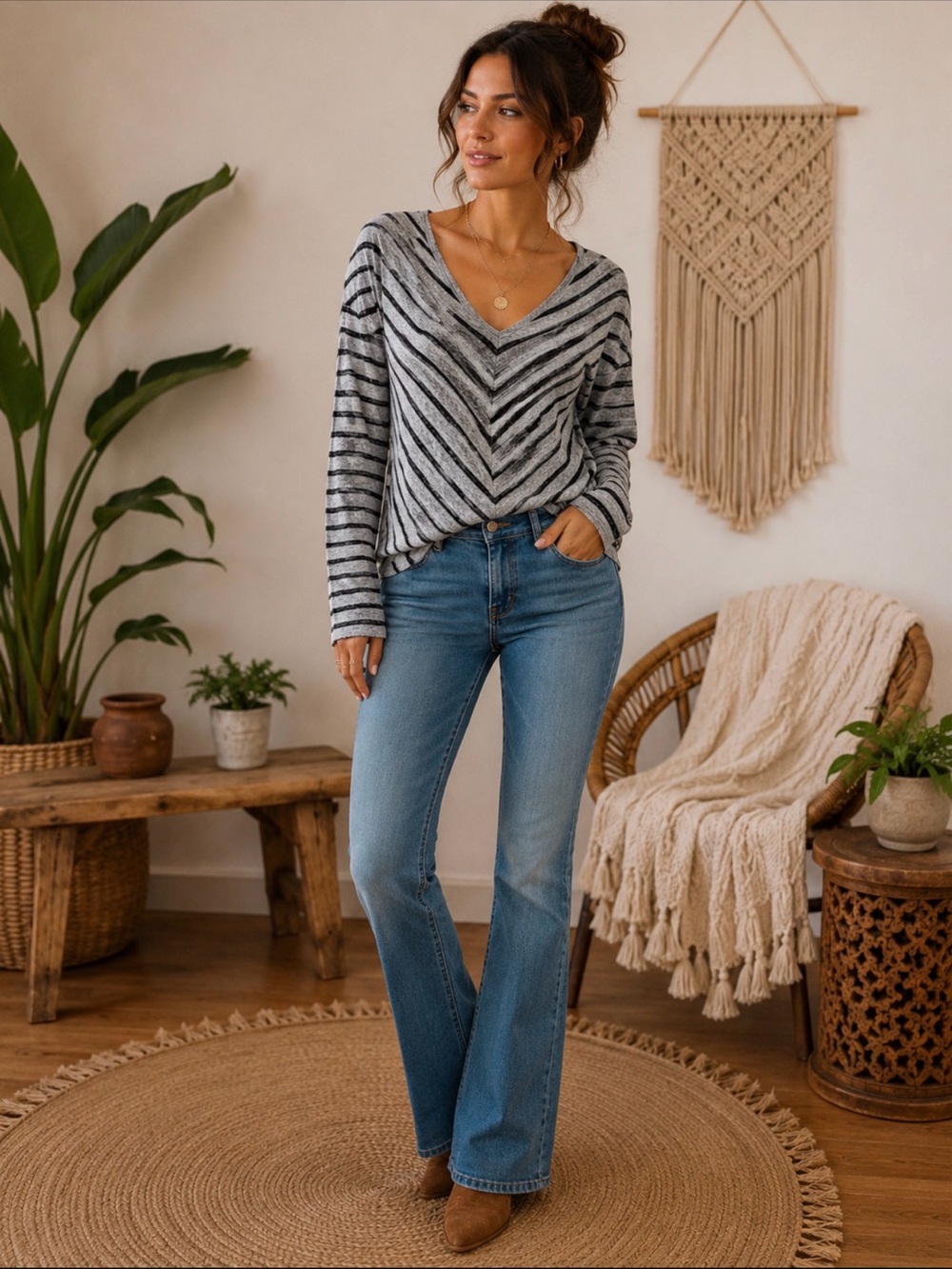 rag & bone Gray and Black Striped V-Neck Long Sleeve Tee